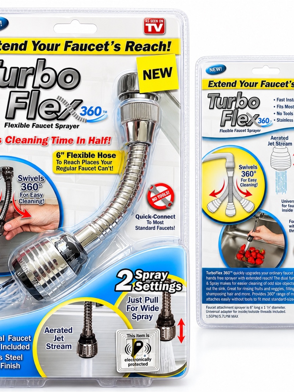 NEW Turbo Flex 360 Flexible Faucet Sprayer – 2 Spray Settings Universal Adapter